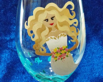 Bride wine glass,Mermaid,Hand painted glass,Bride,Wedding,Bridal shower,Wedding wine glasses,Custom painted glasses,Mermaids,Wedding gift