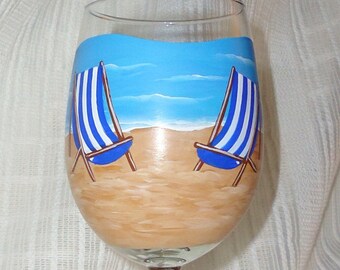 Painted wine glasses, Beach glasses, Beach chairs, Hand painted glasses, Wine Glasses, Custom painted glasses,Painted glasses,Summer glasses