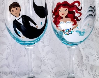 Bride,Groom wine glass,Mermaid Bride,Wedding glasses,Hand painted,Wedding,Custom painted glasses,Painted glasses,Bridal shower,Wine glasses