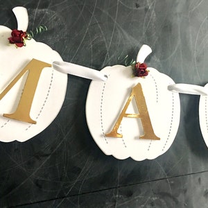 Fall bridal shower banner floral white pumpkin with gold foil letters custom personalized wedding name banner elegant autumn fireplace decor