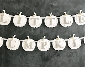 Neutral white floral little pumpkin banner boy fall first birthday gender reveal baby shower autumn decor cake smash elegant Halloween decor