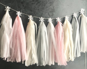 silver gray and pink snowflake tassel garland banner for little snowflake baby shower themed party winter onederland birthday decoration