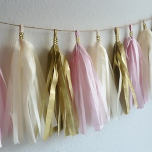 blush pink gold wedding tissue tassel garland bling pale pink shabby rustic glam wedding banner cake smash photo fringe backdrop