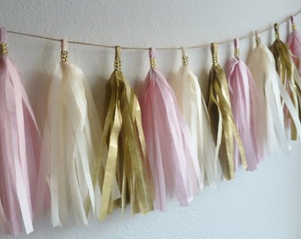 blush pink gold wedding tissue tassel garland bling pale pink shabby rustic glam wedding banner cake smash photo fringe backdrop