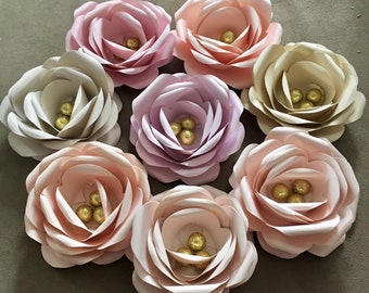 Blush pink paper rose backdrop for wedding or nursery wall decor with gold glitter accents -giant paper flower wall art is 5" in diameter