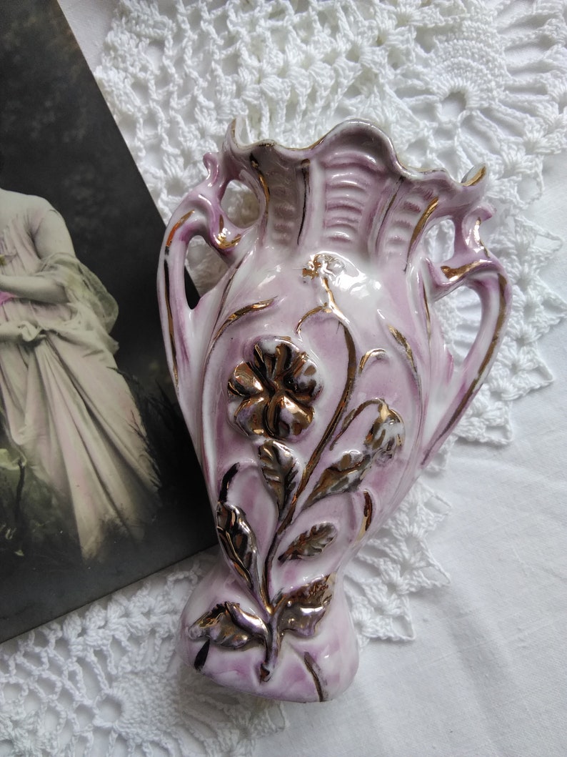 Antique small gilded pink porcelain vase with flowers Etsy