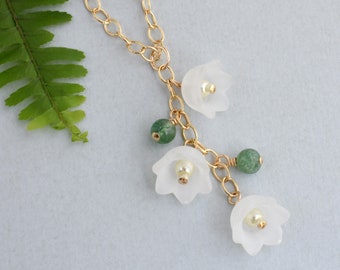 Gold lily of the valley necklace, May birth month flower gift for her, 14k gold filled green aventurine jewelry