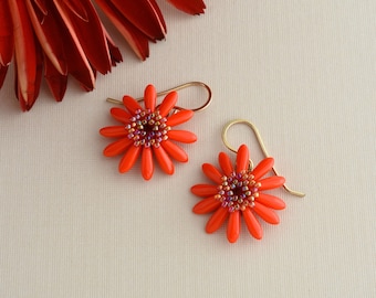 Red daisy earrings, April birth flower gift, Handmade nature inspired jewelry for spring and summer