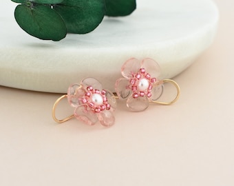 Pink glass flower leverback earrings, Cherry blossom Mothers Day Gift, Handmade Nature Inspired Jewelry