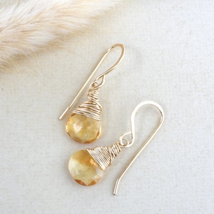 Wire wrapped citrine earrings, Dangle November birthstone earrings for Mom, Gold teardrop earrings image 1