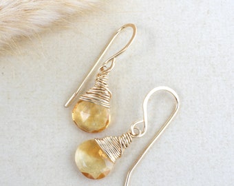Wire wrapped citrine earrings, Dangle November birthstone earrings for Mom, Gold teardrop earrings