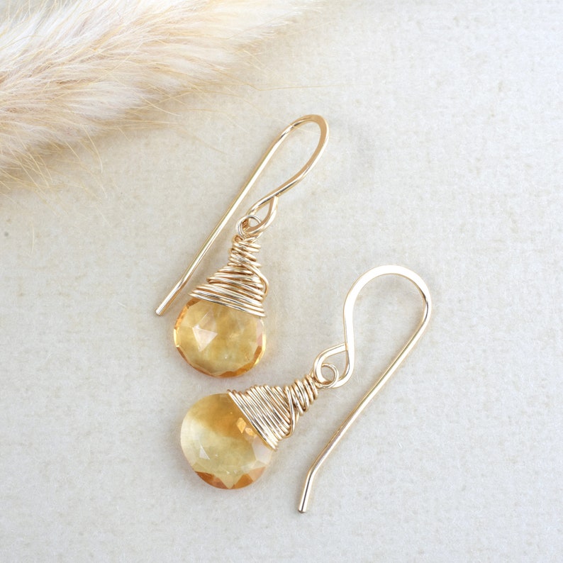 Wire wrapped citrine earrings, Dangle November birthstone earrings for Mom, Gold teardrop earrings image 1