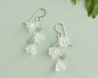 Lily of the valley earrings, May birth flower earrings gift, Sterling silver green aventurine earrings, Whimsical fairycore jewelry