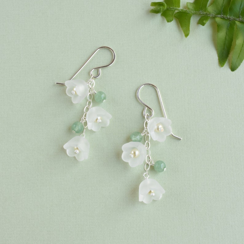 Lily of the valley earrings, May birth flower earrings gift, Sterling silver green aventurine earrings, Whimsical fairycore jewelry image 1