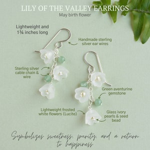 Lily of the valley earrings, May birth flower earrings gift, Sterling silver green aventurine earrings, Whimsical fairycore jewelry image 4