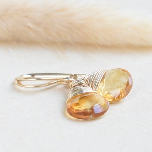 Wire wrapped citrine earrings, Dangle November birthstone earrings for Mom, Gold teardrop earrings image 2