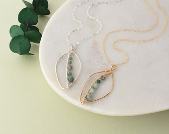 Emerald pendant necklace, Gold or silver wire wrapped leaf, Mothers Day or May birthday gift, Earthy nature inspired jewelry