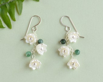 May birth flower earrings, Natural emerald earrings, Lily of the valley jewelry, Sterling silver May birthstone earrings for mom