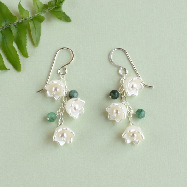 May birth flower earrings, Natural emerald earrings, Lily of the valley jewelry, Sterling silver May birthstone earrings for mom