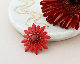 Red daisy pendant necklace, April birth flower necklace, Mothers Day jewelry, Nature inspired handmade gift