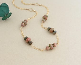 Gold Jasper Station Necklace, Bohemian Earthy Jewelry for Fall