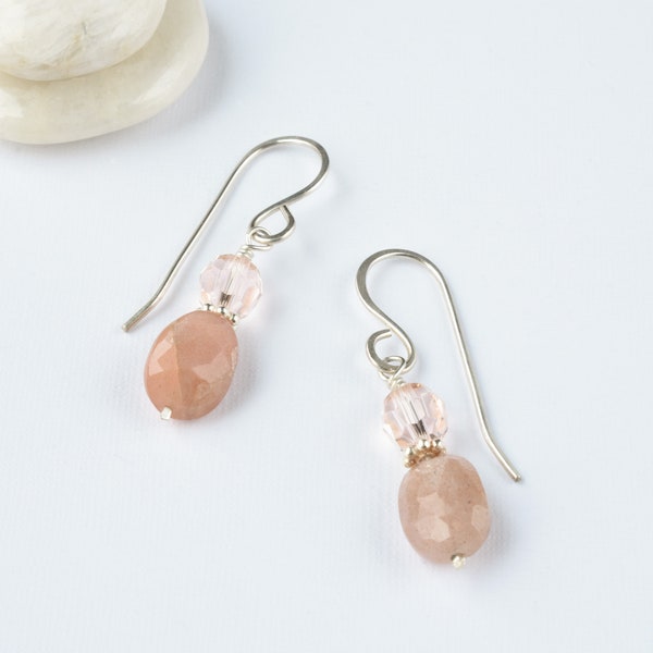 Peach moonstone earrings, Sterling silver June birthstone jewelry, Handmade Mothers Day gift