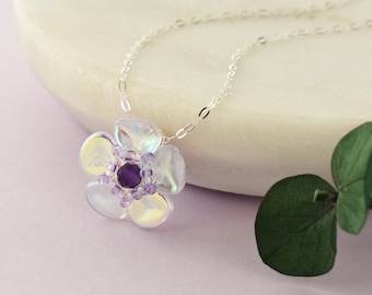 Violet Flower Amethyst Necklace, Mothers Day Jewelry Gift for Her, Iridescent and Purple February Birth Month Necklace