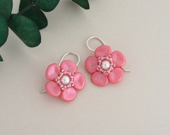 Spring Sakura cherry blossom earrings, Nature inspired jewelry for Easter, Handmade pink and raspberry seed bead flower earrings