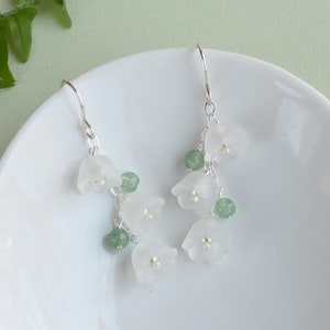 Lily of the valley earrings, May birth flower earrings gift, Sterling silver green aventurine earrings, Whimsical fairycore jewelry Sterling Silver