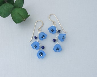 Blue flower lapis lazuli earrings, Lily of the valley, Handmade nature inspired jewelry for spring and summer