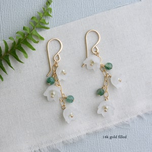 Lily of the valley earrings, May birth flower earrings gift, Sterling silver green aventurine earrings, Whimsical fairycore jewelry 14k Gold Filled