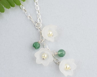 Lily of the valley necklace, May birth month flower necklace, Fairycore jewelry, Sterling silver green aventurine necklace
