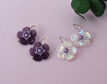 Violet pansy earrings for spring, Mothers Day jewelry or plant lover gift, Handmade iridescent or purple flower earrings