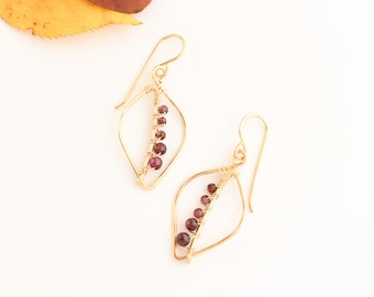 Gold leaf garnet earrings, January birthstone or 2nd anniversary gift for her, Handmade earthy wire wrapped jewelry