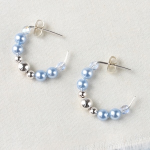 Light blue pearl hoop earrings, Small sterling silver hypoallergenic hoops, Dusty blue wedding jewelry