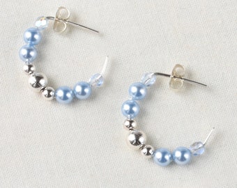Light blue pearl hoop earrings, Small sterling silver hypoallergenic hoops, Dusty blue wedding jewelry