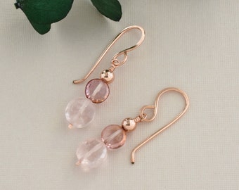 Pink rose quartz earrings, Mothers Day Jewelry, 5th anniversary gift for her, Gold filled coquette jewelry