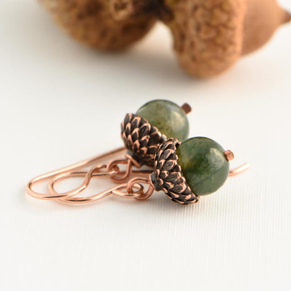 Moss Agate Acorn Earrings, Dainty Nature Jewelry in Rose Gold or Sterling Silver