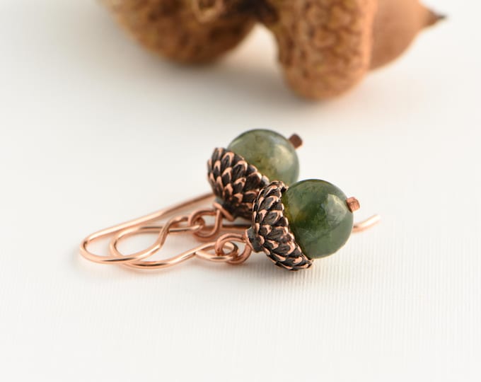 Moss Agate Acorn Earrings, Dainty Nature Jewelry in Rose Gold or Sterling Silver