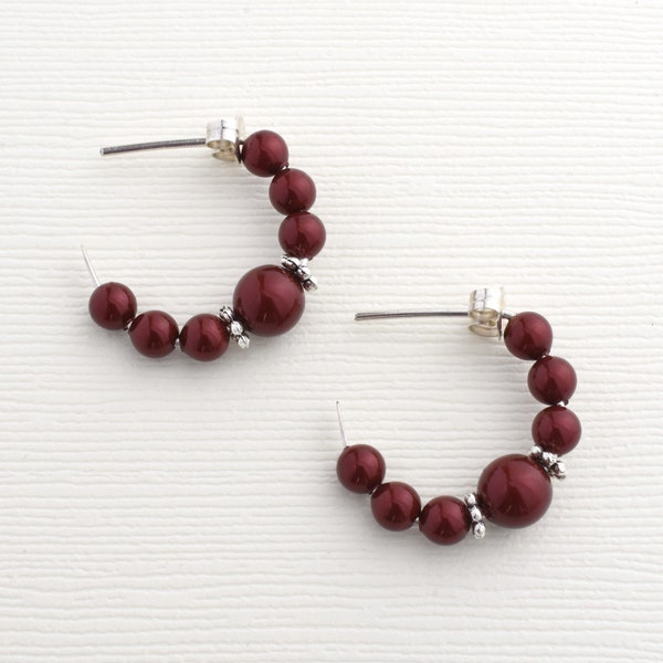 Red pearl hoop earrings, Burgundy sterling silver hoops for autumn, Cranberry holiday earrings