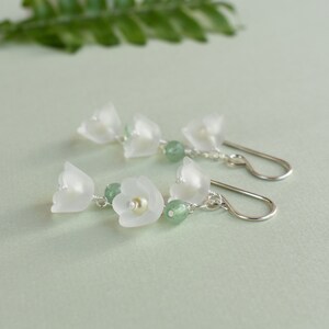 Lily of the valley earrings, May birth flower earrings gift, Sterling silver green aventurine earrings, Whimsical fairycore jewelry image 6