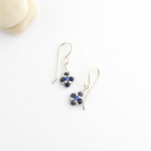 May include: A pair of dangle earrings featuring silver-toned ear wires and a cluster of dark blue faceted beads surrounding a single bright blue central bead. The earrings are constructed with small metallic accents between the dark blue beads.