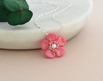 Sakura cherry blossom necklace, Hot pink floral pendant for Mothers Day gift, Handmade nature inspired jewelry for Spring and Summer