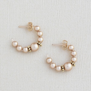 Beaded gold pearl hoop earrings, Small 14k gold filled hoops, Handmade minimalist jewelry