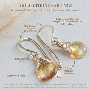 Wire wrapped citrine earrings, Dangle November birthstone earrings for Mom, Gold teardrop earrings image 4