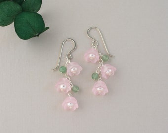 Pink lily of the valley earrings with green aventurine, Whimsical flower jewelry for spring, May birthday gift