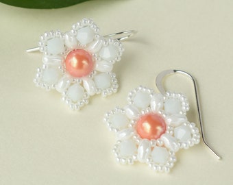 Coral pearl flower earrings for spring and summer, Nature inspired jewelry, Handmade beaded dangle earrings