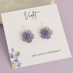 Violet pansy earrings, Gardener or plant lover gift, Handmade iridescent or purple flower jewelry