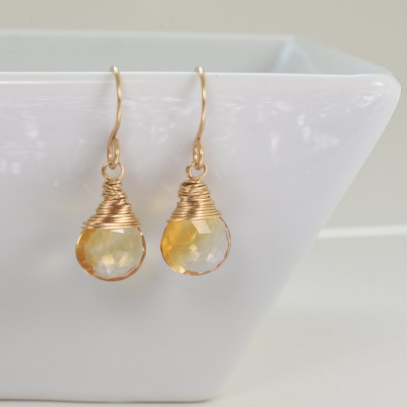 Wire wrapped citrine earrings, Dangle November birthstone earrings for Mom, Gold teardrop earrings image 6