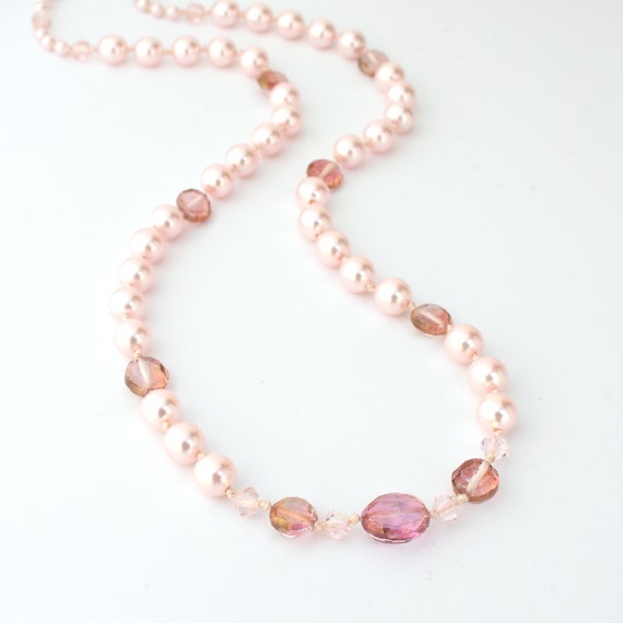 Handmade, Pearls, Pink and White Glass Beads Coquette Necklace